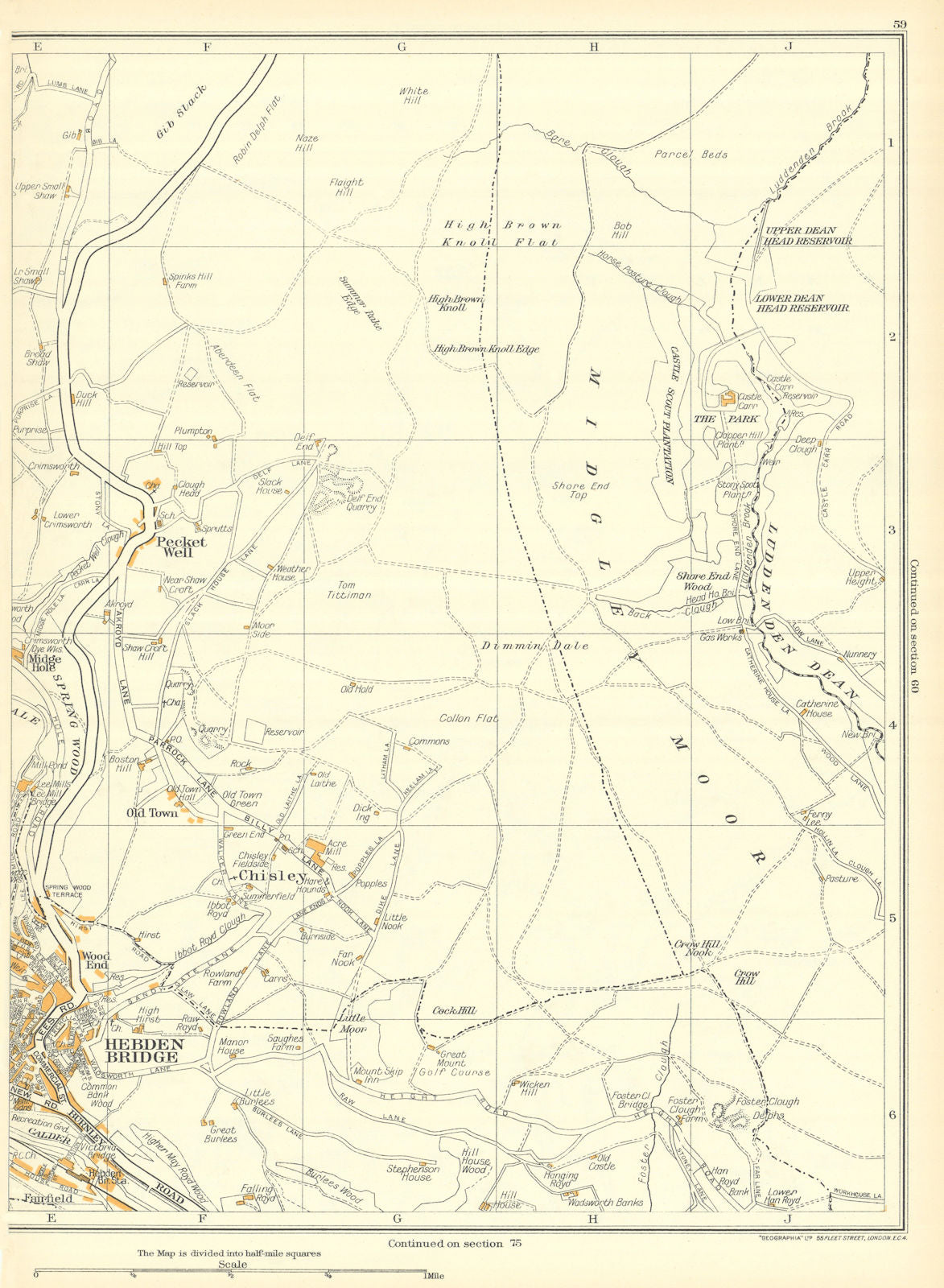 HEBDEN BRIDGE Pecket Well Chisley Luddenden Dean Gib Stack 1935 old map